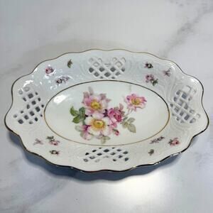 Vintage Schumann Arzberg ROSEDALE Reticulated Porcelain Dish 8”x5” Flowers Gold
